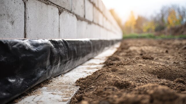 Foundation damp proof membrane against a cinder block wall close up photo with shallow depth of field