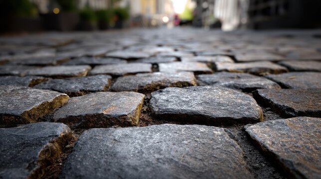 Wet cobblestone street with blurred background a close up view of the textured pavement road