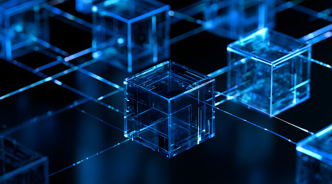 Abstract, glowing blue cubes connected in a digital network grid