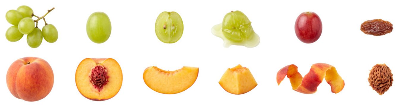 Collection of grape and peach fruits with whole sliced peeled and crushed parts