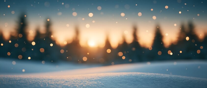 Blurred snowy trees with warm sunset glow