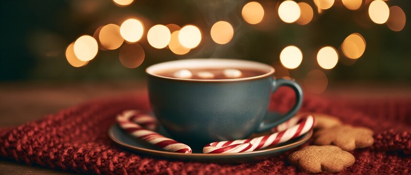 Cozy winter scene with hot beverage