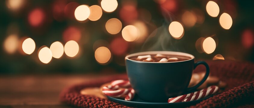 Warm beverage with marshmallows sits on a textured coaster
