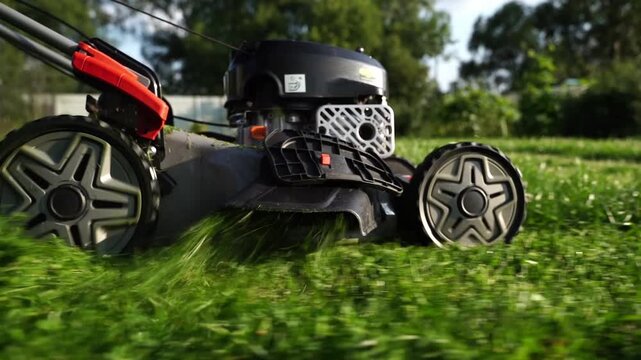 Lawn mower moves through vibrant green grass. Engine hums as blades cut fresh grass. Sunlight glows on blades and wheels. Gentle motion suggests care and routine. Perfect for garden, landscaping