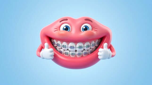 Dental braces character with happy smile, cartoon mouth with orthodontic metal brackets, pediatric dentistry concept on blue background