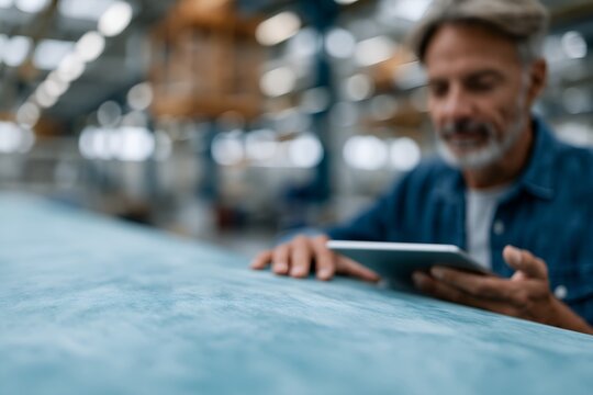 Worker uses digital tablet in industrial workspace