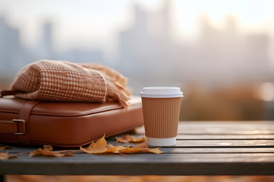 Outdoor travel setup with suitcase, scarf, and coffee