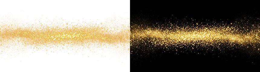 Gold glitter dense dust band with sparkling particles and glowing texture PNG, Transparent and Black Background Versions for festive designs © Guddoo