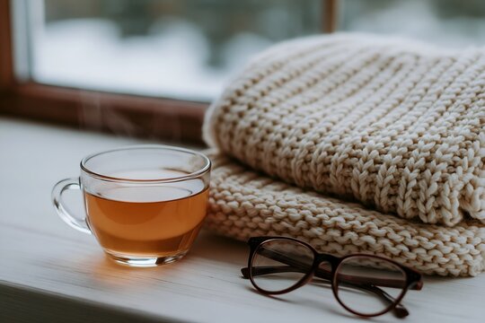 Cozy winter scene with steaming tea, knitted blanket, and reading glasses