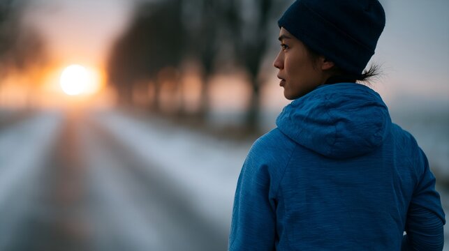 Person enjoying winter sunrise while walking on snow-covered road