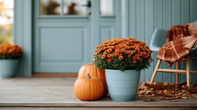 Autumn porch with pumpkins and bright orange mums beside a blue door