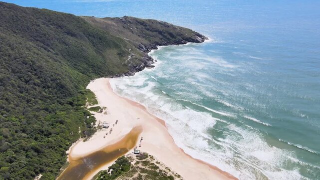 Drone Wide Aerial Shot of Lagoinha do Leste Beach and Vast Ocean in Florianopolis Brazil, Pristine River Estuary and Green Mountains Coastline, Remote Wilderness Travel Stock Video
