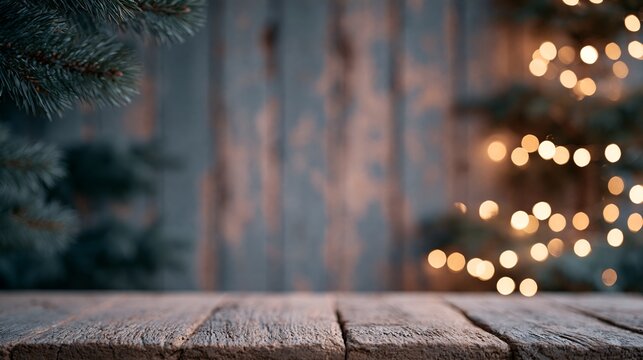 Crisp pine tips frame rustic wooden surface with bokeh lights