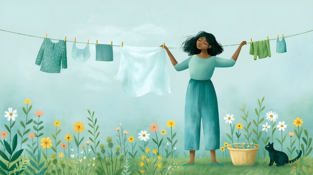 Cheerful woman enjoys hanging clothes outdoors amidst blooming wildflowers