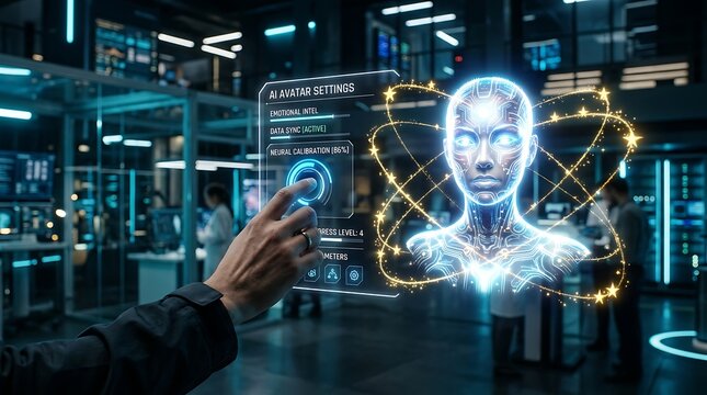 Person interacting with futuristic digital avatar interface