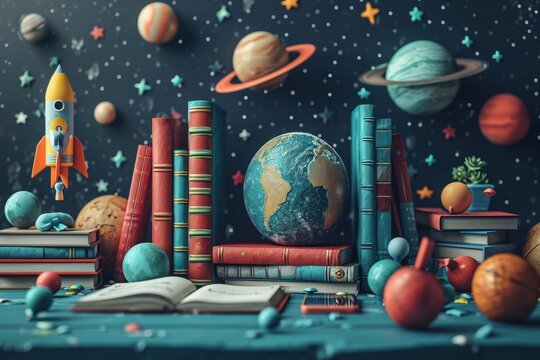 books and a globe on a table in a modern interior, the concept of education and travel, 3D illustration