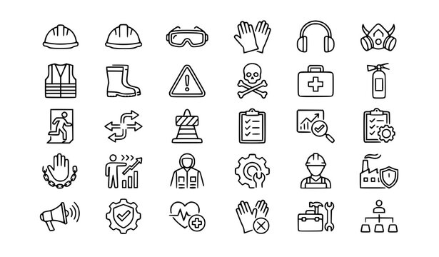 Occupational Safety and Workplace Protection Outline Icons with OHS Gear Hazards Training and Vector Set