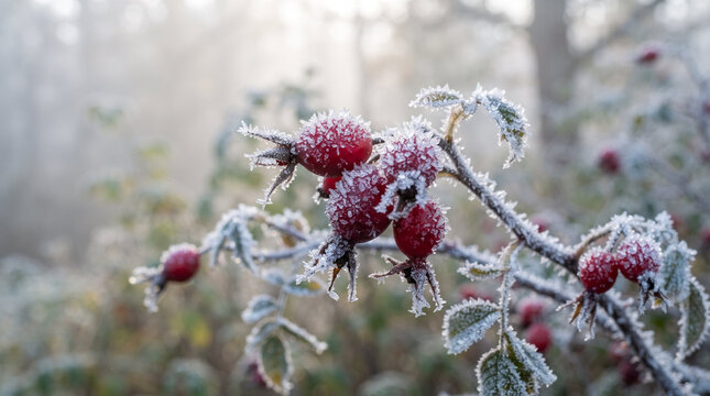 Red rosehip berries coated in white hoarfrost crystals on thorny branch against misty autumn woodland