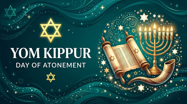 Yom kippur day of atonement greeting with torah scroll shofar menorah
