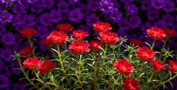 Vibrant red Portulaca flowers bloom brightly in garden. Delicate petals unfurl against a soft blur of deep purple blossoms. Lush green stems support the vivid red blooms, creating a striking contrast.