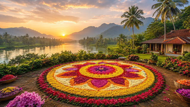 Beautiful pookalam flower carpet placed in courtyard near backwaters celebrating happy onam harvest season during south indian festival in kerala scenic view
