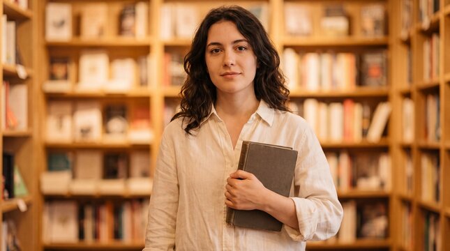 Young woman holding a hardcover book in a bookstore aisle
