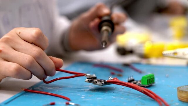 Hands hold soldering iron near wires and circuit board. Workbench holds tools and components. Focus shows precision and concentration during electronics repair. Ideal for tech, education