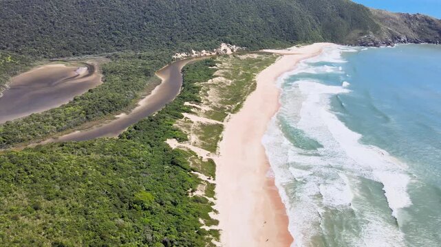 Aerial View of Lagoinha do Leste Beach and Freshwater Lagoon in Florianopolis Brazil, Pristine Coastal Sand Dunes and Atlantic Forest Mountains, Exotic South America Wilderness Travel Footage