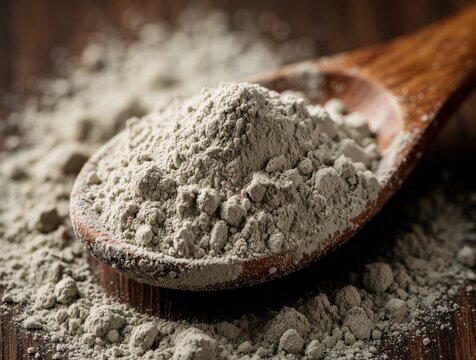 Fine grey bentonite clay powder sits in wooden spoon. Natural mineral powder spills onto dark wood surface. Organic cosmetic ingredient used for face mask or detox treatment in spa wellness center.