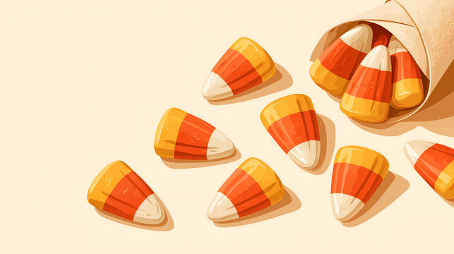 Flat illustration of candy corn sweets scattered on cream