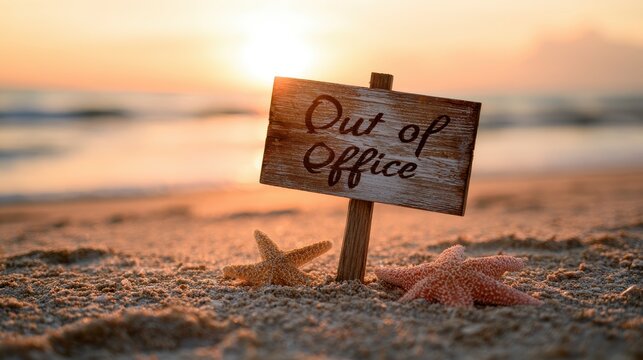 A rustic wooden sign with the text Out of Office sits on a sandy beach during sunset. This represents a perfect vacation getaway.