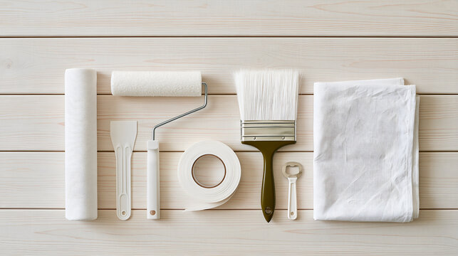 Decorating kit laid out knolling style on pale floorboards