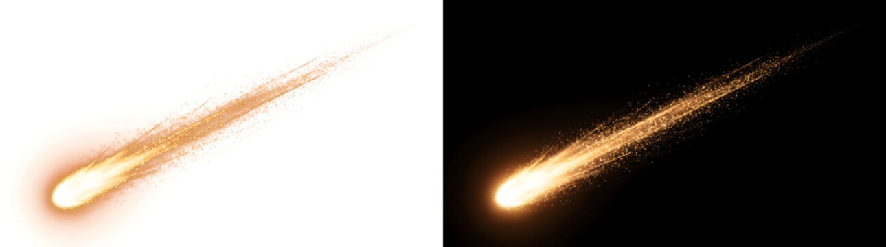 Gold glitter shooting comet with glowing tail and sparkling dust streak PNG, Transparent and Black Background Versions for cinematic designs