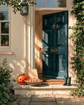 Gouache doorstep with a bowl of sweets and a carved pumpkin
