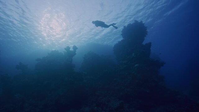 Scuba diver passes by large coral head formations.