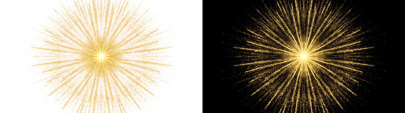 Gold glitter starburst explosion with radiant light rays and sparkling dust PNG, Transparent and Black Background Versions for festive designs