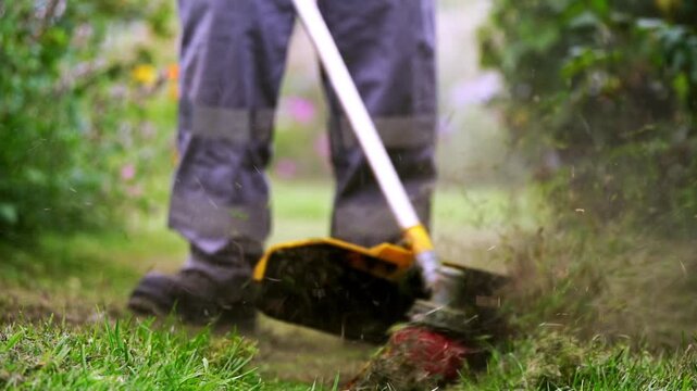 Worker trims grass with a handheld lawn mower. Dust clouds rise as blades cut through green turf. Clothing suggests outdoor labor with sturdy protection