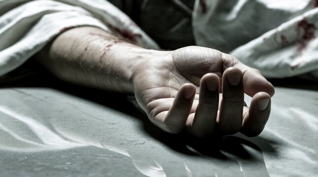Pale hand of deceased man lies limp on cold surface. Blood stains white clothes near arm. Dark dramatic lighting shows tragedy of drug overdose, death. Victim suffers from addiction, loneliness in