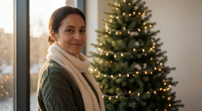 Woman smiling near a glowing Christmas tree indoors, embodying holiday cheer and cozy winter atmosphere.