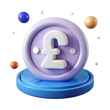 A totally exceptional and cute 3d render of a perfect british pound sterling currency symbol on a blue pedestal and light purple circle isolated on transparent background