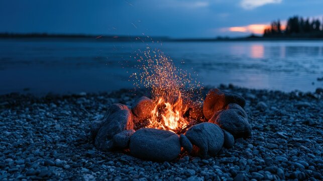 A small campfire crackles with bright sparks on a rocky river shore at twilight. This peaceful scene represents adventure, camping, and outdoor travel lifestyle.