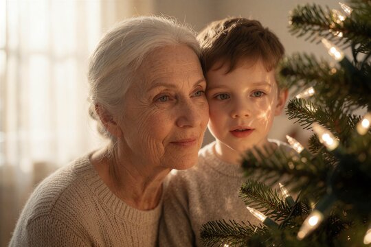 Grandmother and grandson sharing a warm moment near a decorated Christmas tree, capturing holiday joy and generational connection.
