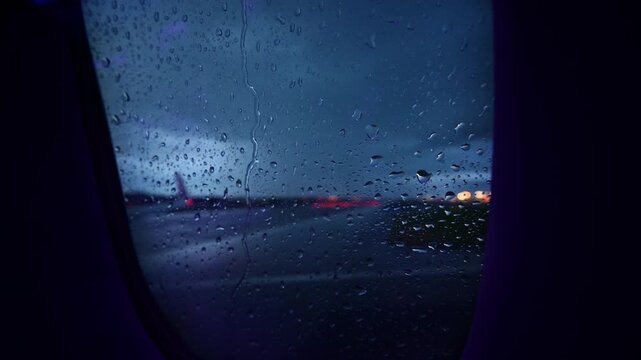 View through a rain-covered airplane window at dusk over a wet tarmac with distant airport lights