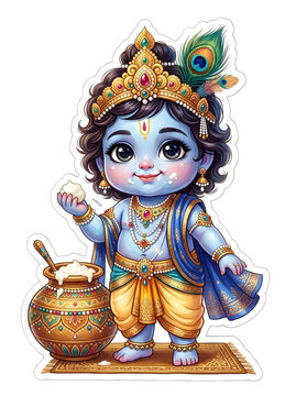 Adorable baby krishna eating butter from ornate matki pot cute bal gopal illustration with peacock feather crown traditional attire janmashtami festival clipart isolated transparent background