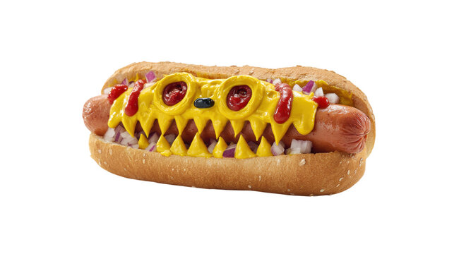 Monster hot dog with spooky decorations