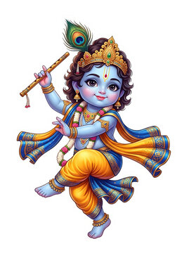 Cute dancing baby krishna playing flute bansuri divine bal gopal illustration with peacock feather crown joyful kanha clipart for janmashtami isolated transparent background