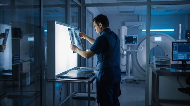Male Radiologist Examining Chest X-ray Film in Modern Diagnostic Clinic