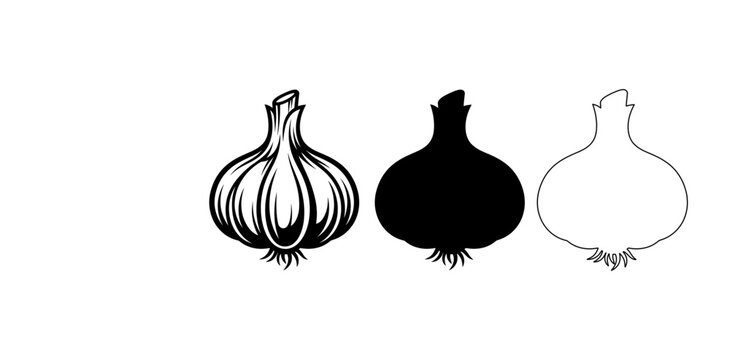 Black and white garlic bulb vector illustrations set showing different styles including silhouette and outline art with vegetable