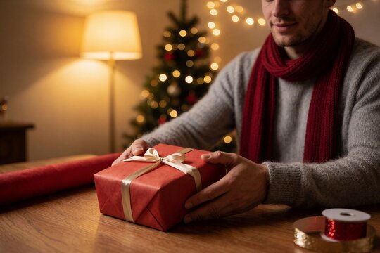 Man wrapping Christmas presents with a gift box on a wooden table, festive holiday atmosphere with a decorated tree in the background.