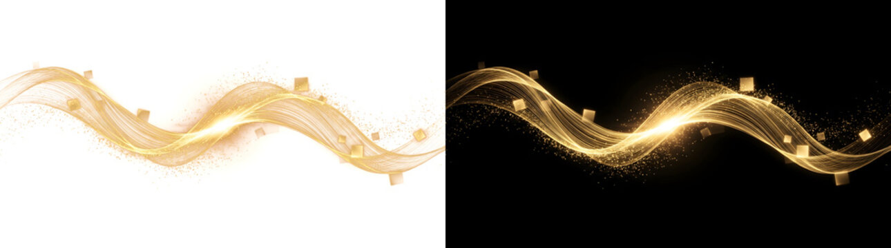 Gold glowing wave lines with floating cube particles and sparkling dust PNG, Transparent and Black Background Versions for futuristic designs